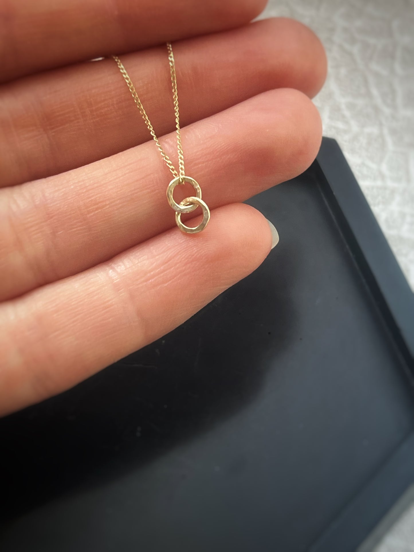 Solid 9ct yellow gold tiny interlocking double 5mm hammered hoop pendant, recycled small simple tree bark stacking hoop