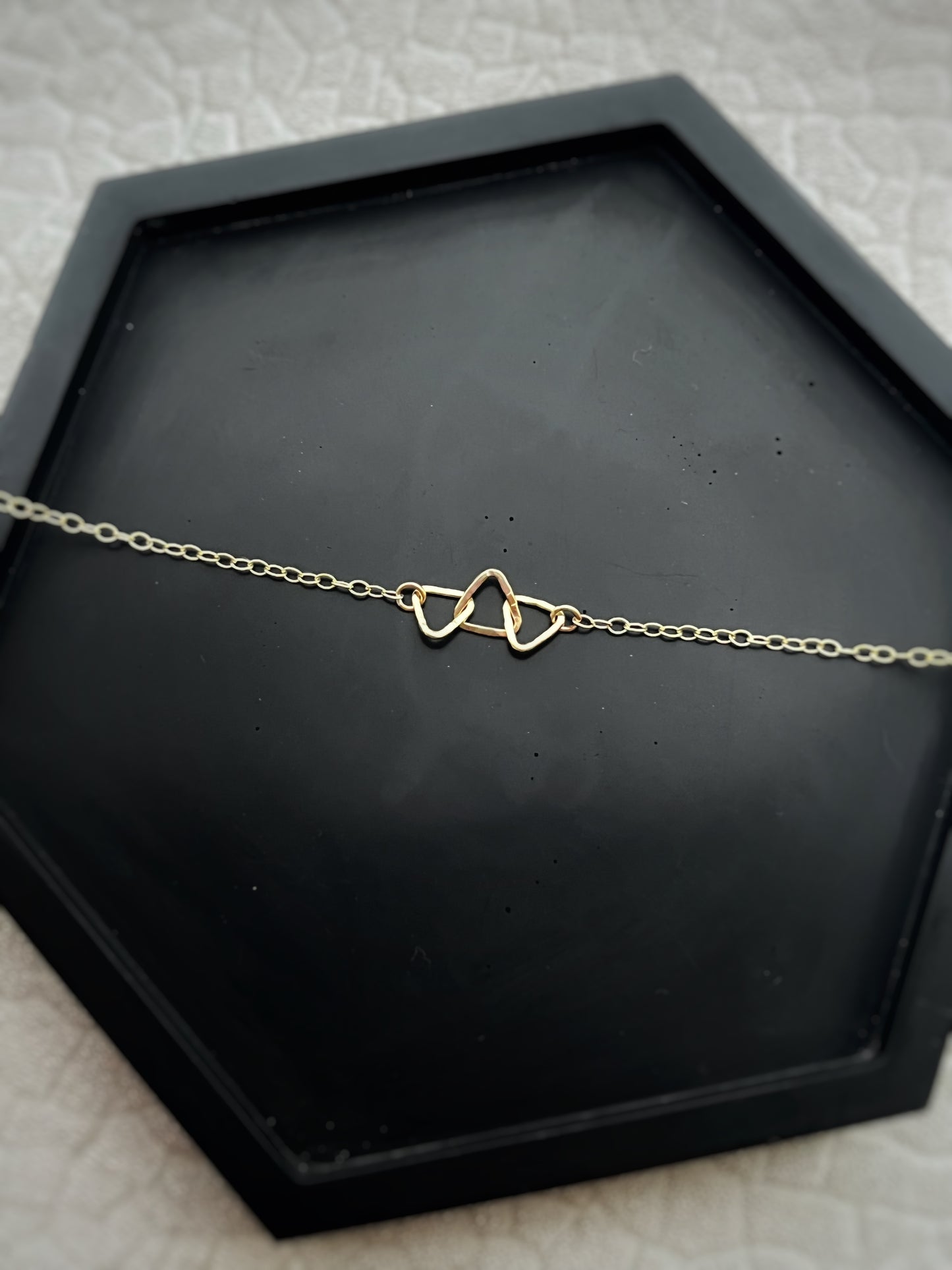 Solid 9ct gold triple 3 triangle handmade hammered textured interlocking circle necklace