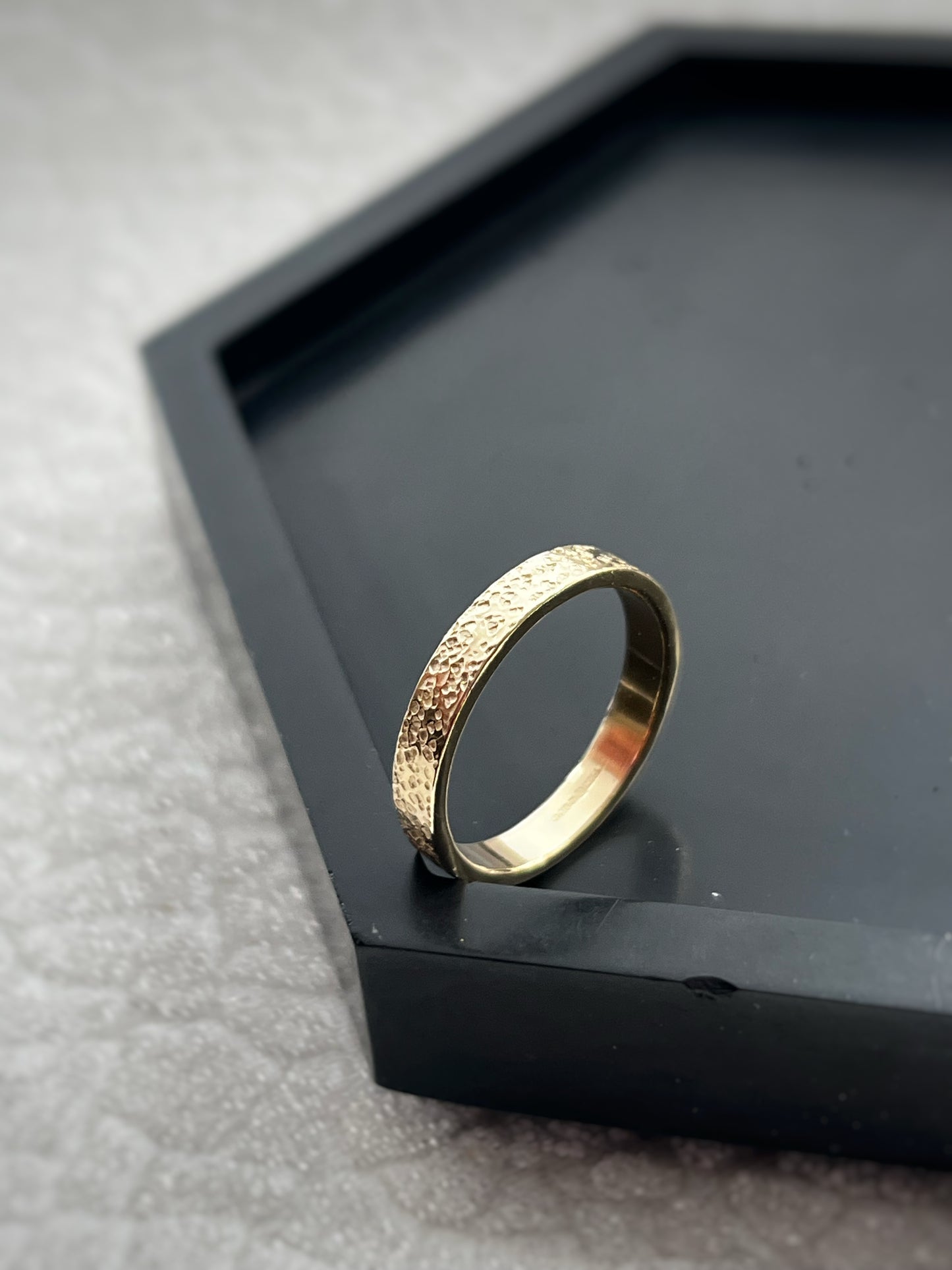 Solid 9ct yellow gold 3mm coastal beach sand delicate recycled gold flat band ring