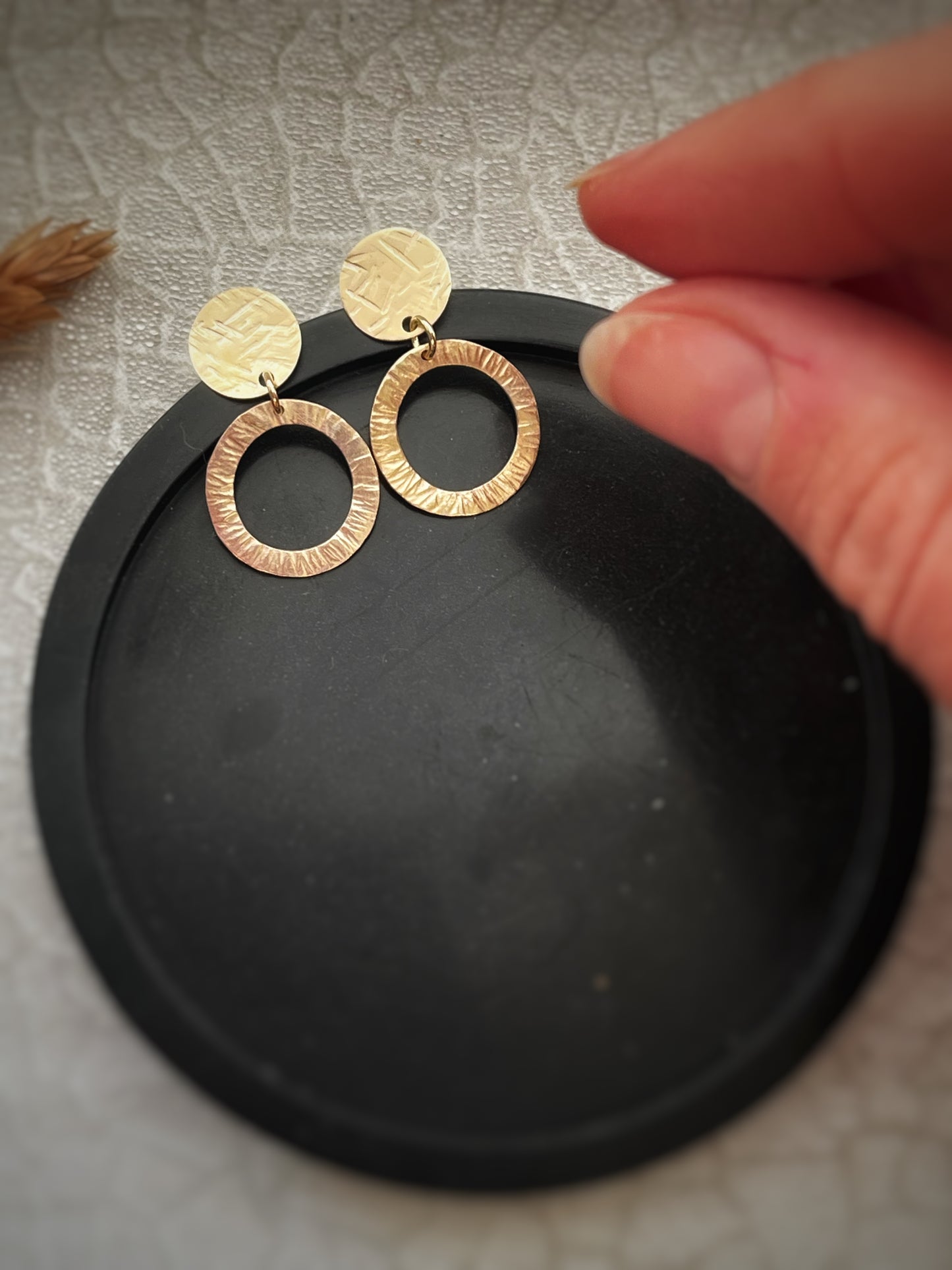 Solid 9ct yellow gold circle stud & drop earrings- hammered bark texture