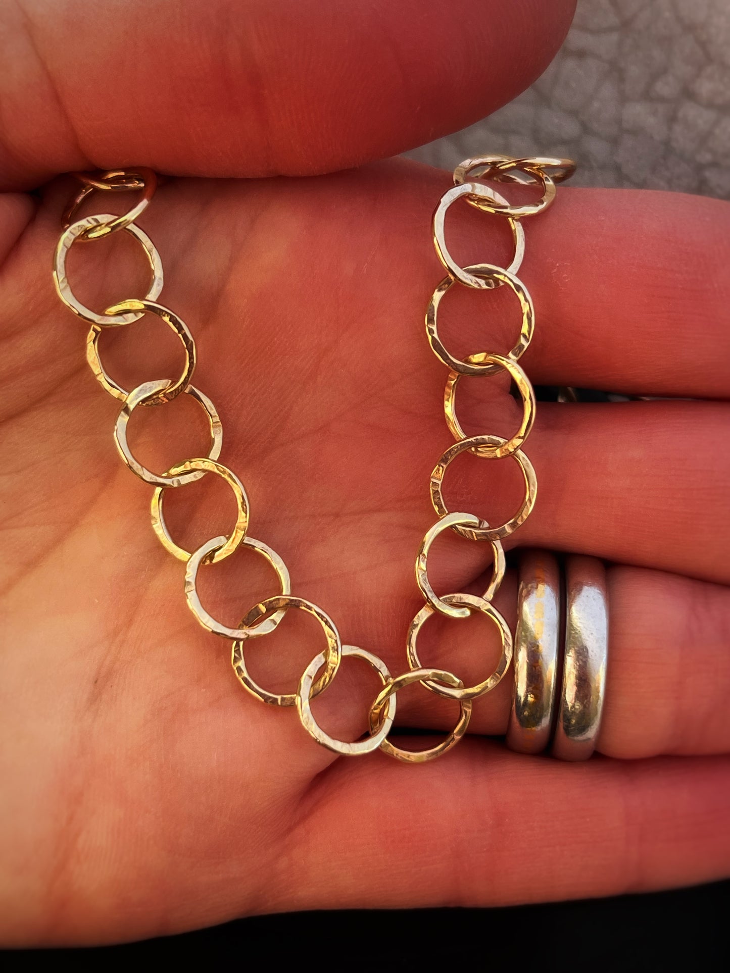 Solid 9ct gold hammered interlocking yellow gold hoop bracelet