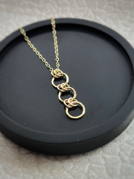 Solid 9ct gold chainmail ring hoop pendant, a handmade hammered tree bark texture pendant, 30mm length