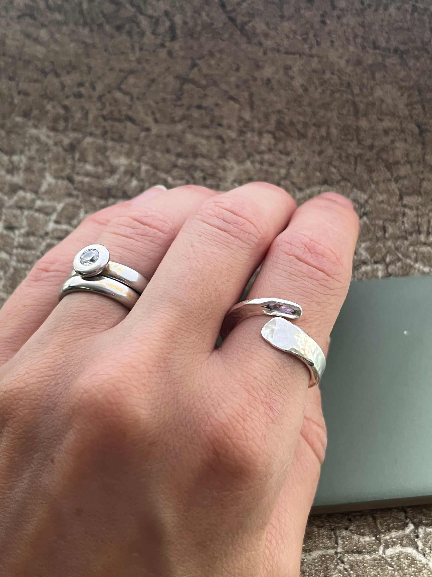 Hammered sterling silver chunky cross over ring Size P