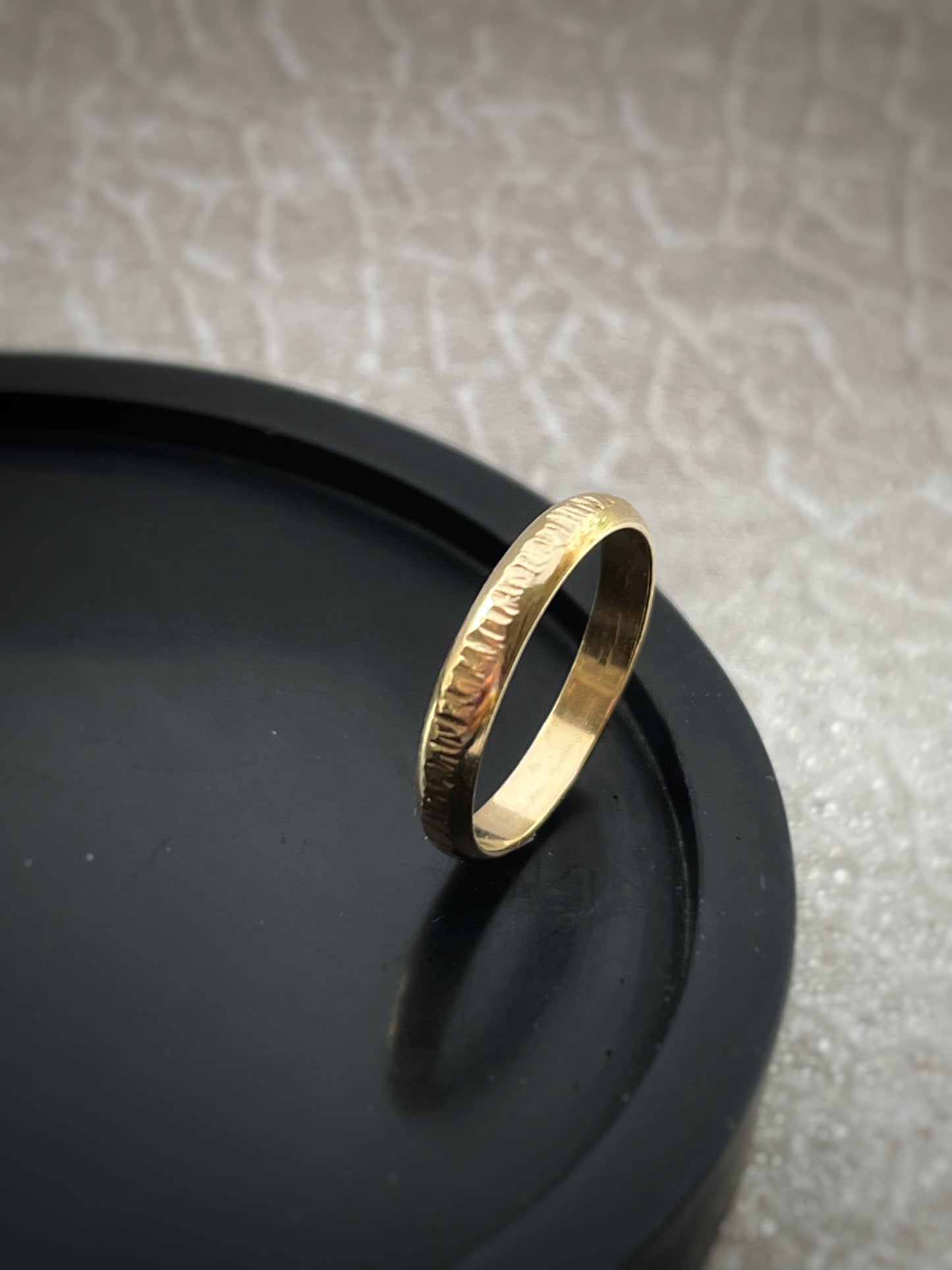 Solid 9ct yellow gold D shape 3mm tree bark textured hammered delicate recycled gold flat band ring