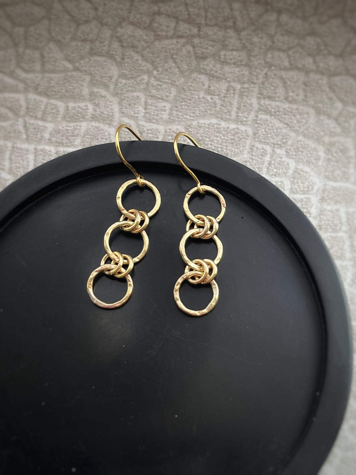 Solid 9ct yellow gold round hammered tree bark texture chain mail statement dangly earrings, 28mm length, 38mm drop length