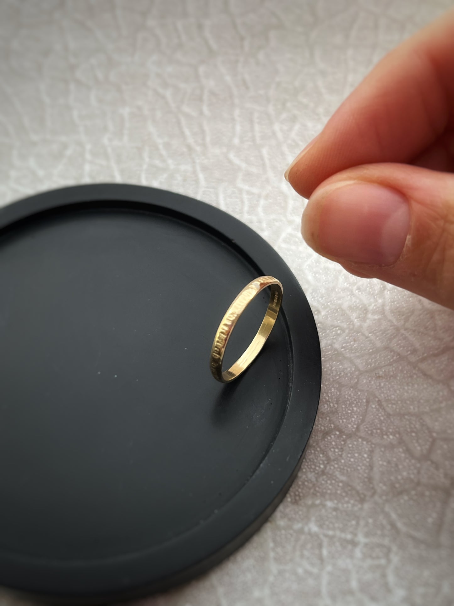 Solid 9ct yellow gold D shape 2mm tree bark textured hammered delicate recycled gold band ring