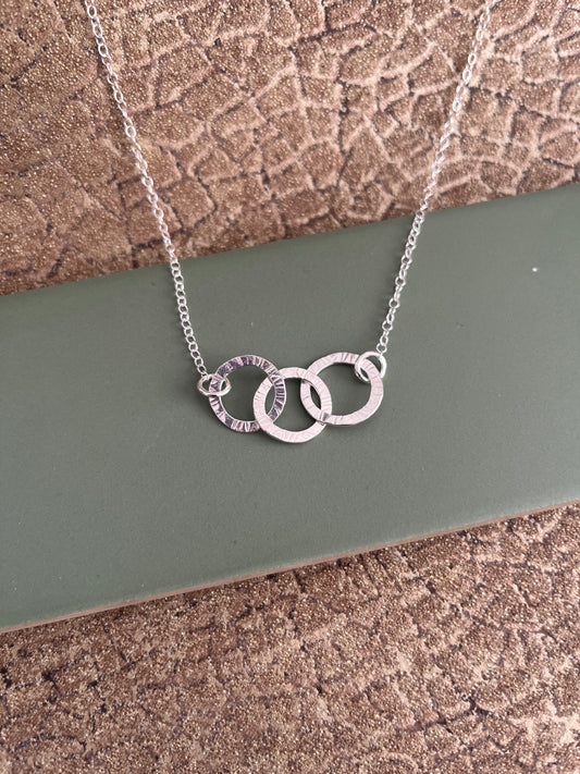 Sterling silver hammered triple interlocking 15mm hoop necklace