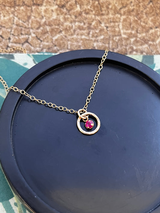 Solid 9ct yellow gold 3mm Ruby hoop pendant necklace 18 inches