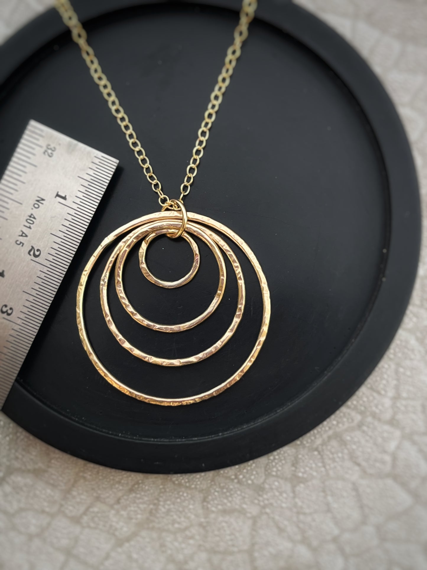 Solid 9ct gold statement interlocking 4 circle pendant, a handmade hammered textured necklace