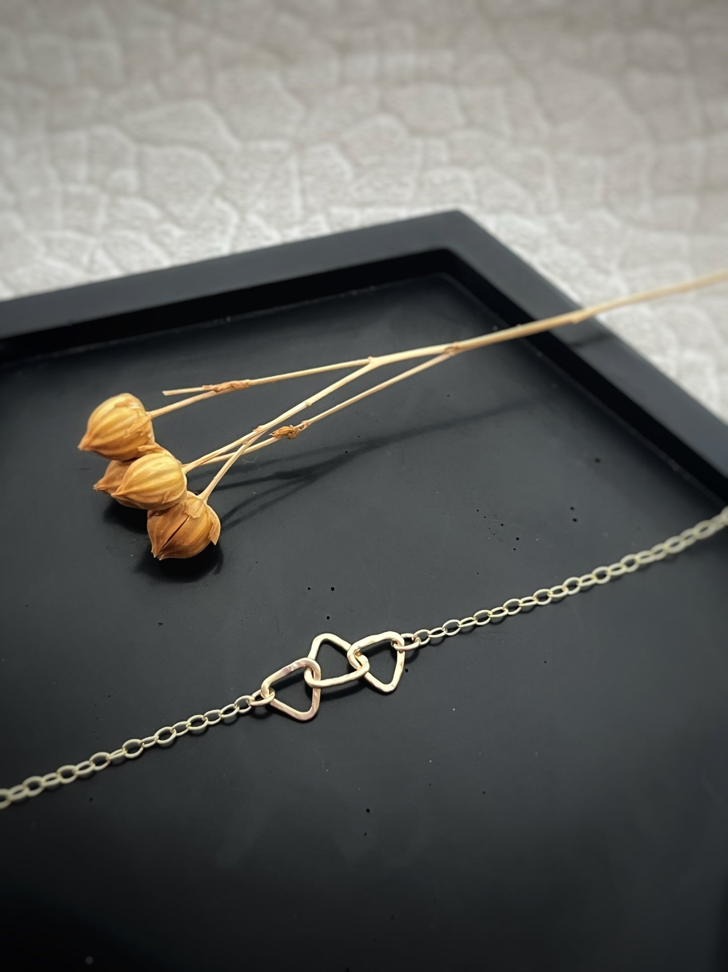 Solid 9ct gold triple 3 triangle handmade hammered textured interlocking circle necklace