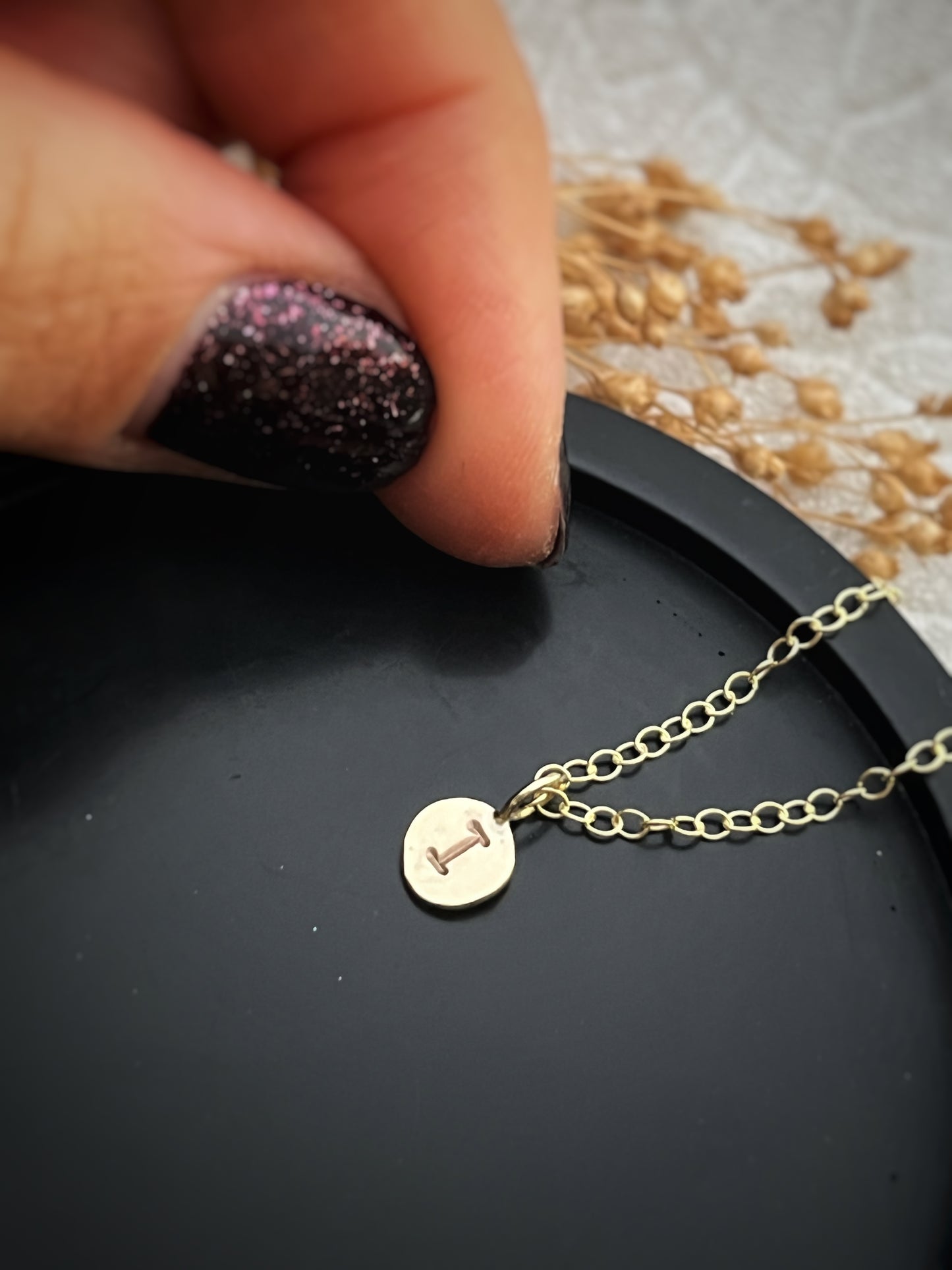 Solid 9ct gold wobbly disc typewriter font letter pendant, recycled personalised initial handmade necklace