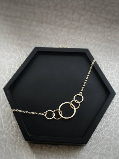 Solid 9ct gold 5 interlocking circle hoop heavy chain, a handmade hammered tree bark textured necklace