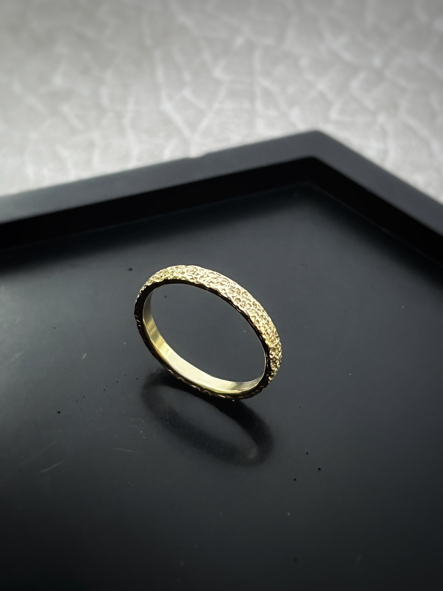 Solid 9ct yellow gold 2mm coastal beach sand delicate recycled gold flat band ring