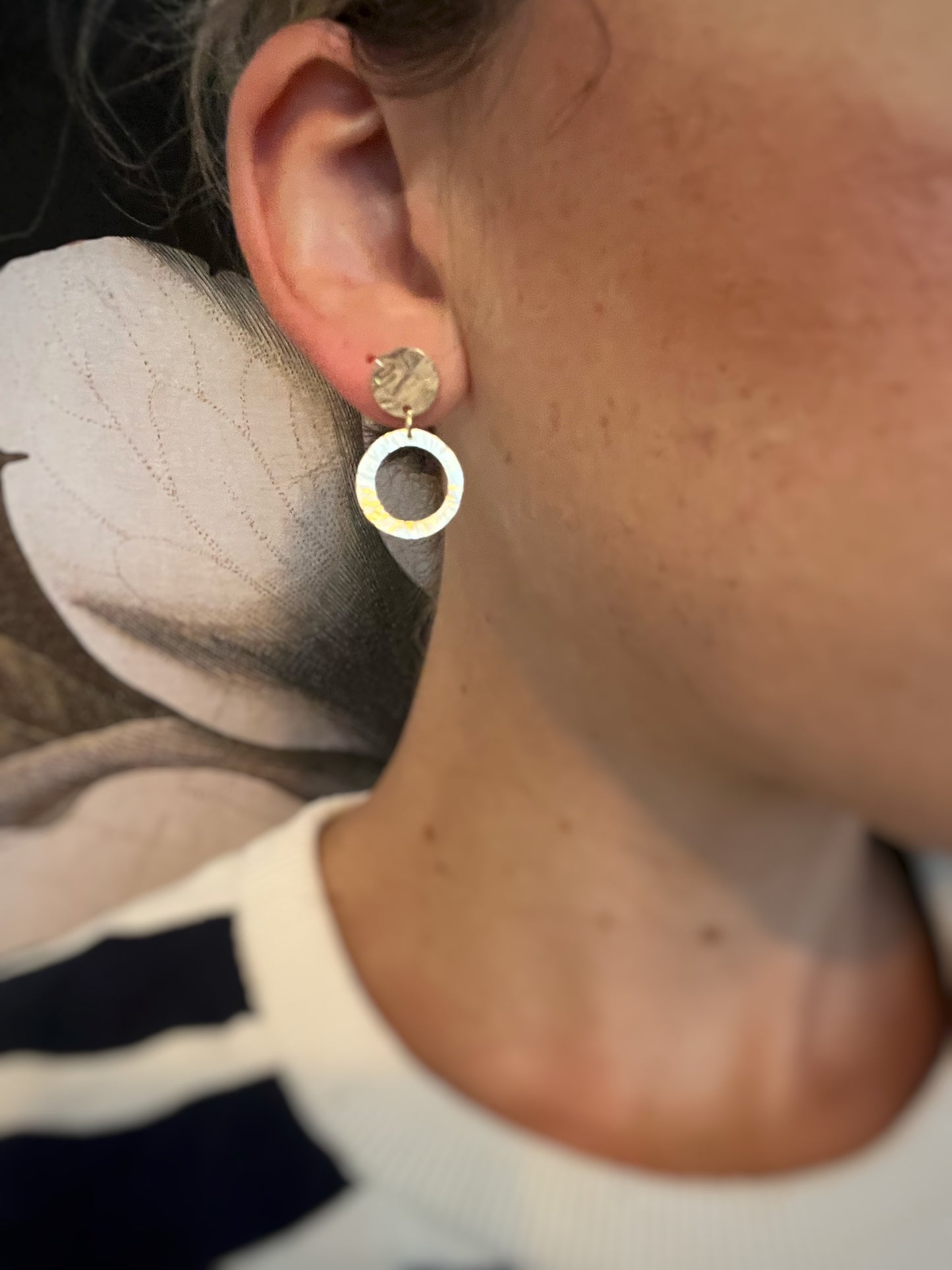 Solid 9ct yellow gold circle stud & drop earrings- hammered bark texture
