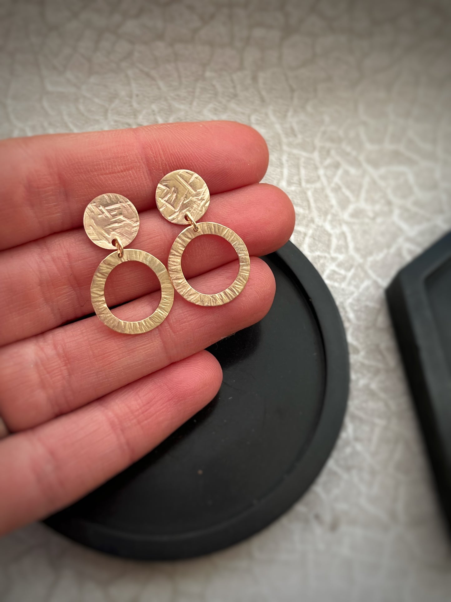 Solid 9ct yellow gold circle stud & drop earrings- hammered bark texture