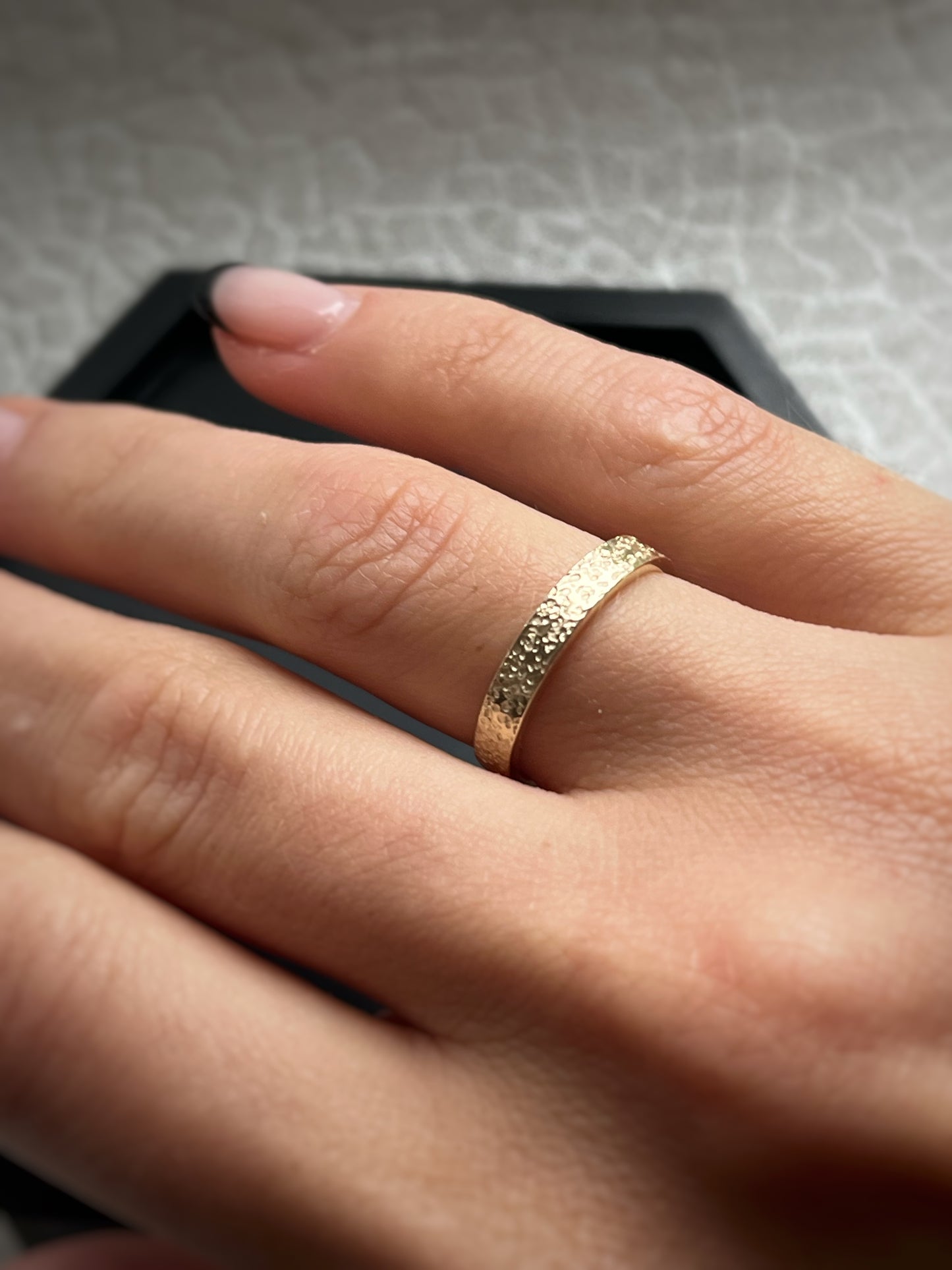 Solid 9ct yellow gold 3mm coastal beach sand delicate recycled gold flat band ring