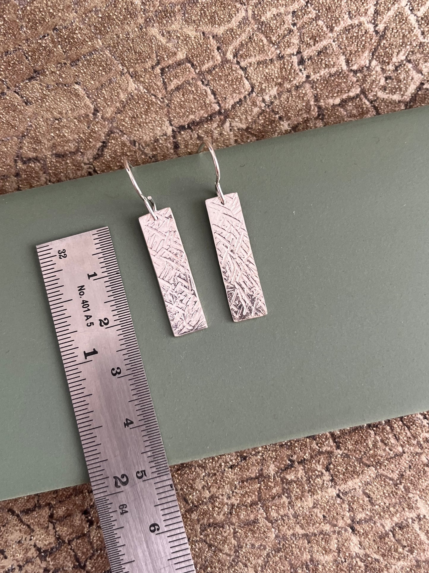 Rectangle hammered textured sterling silver 25mm x 7mm drop earrings