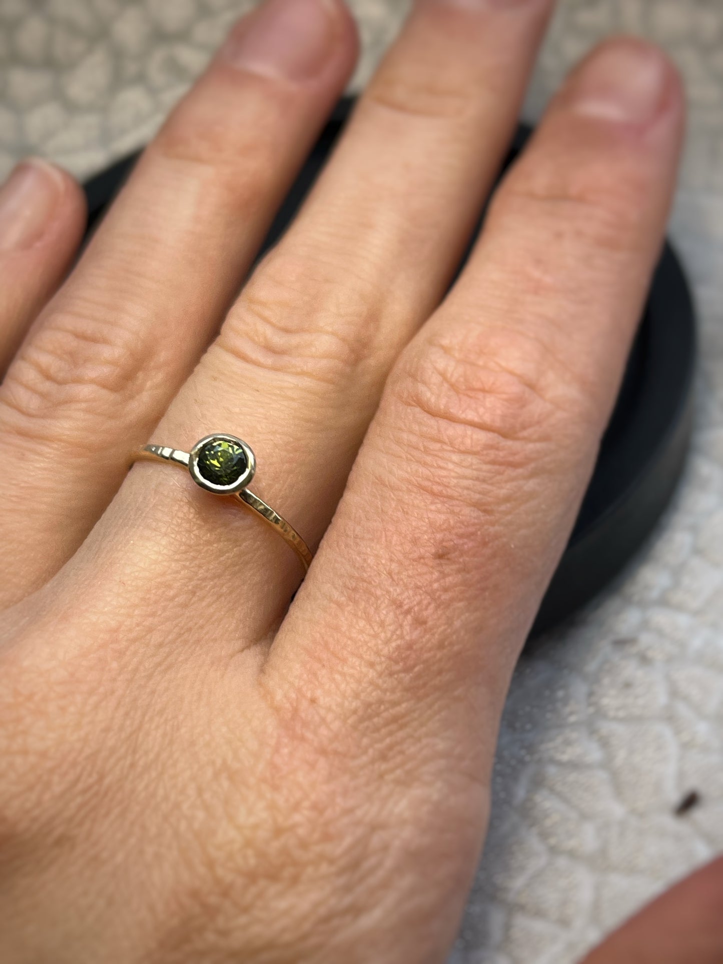 Solid recycled gold 9ct yellow hammered dainty delicate tree bark dark green sapphire ring