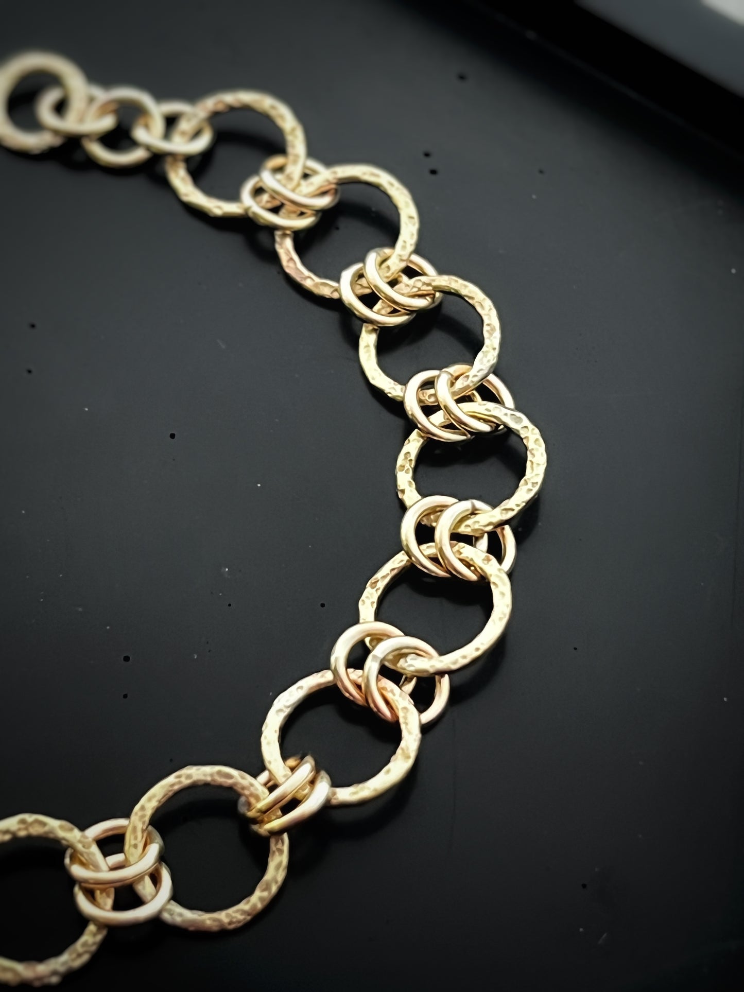 Solid 9ct gold hammered dimple sand coastal beach interlocking double yellow gold hoop bracelet