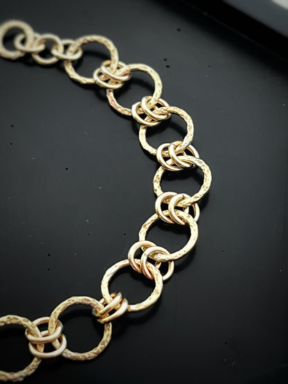 Solid 9ct gold hammered dimple sand coastal beach interlocking double yellow gold hoop bracelet