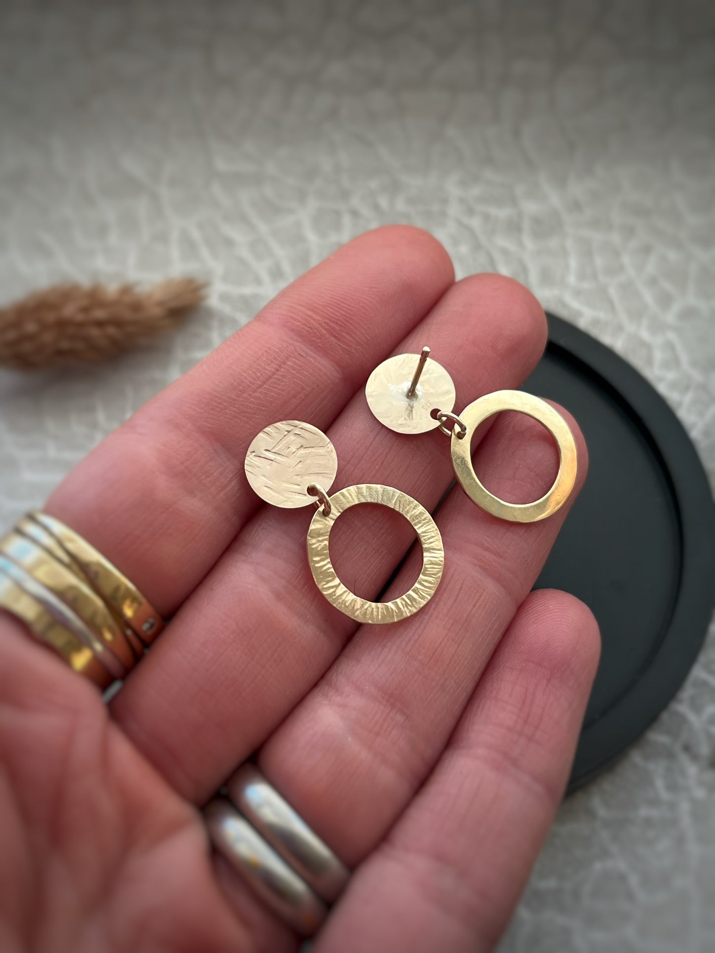 Solid 9ct yellow gold circle stud & drop earrings- hammered bark texture