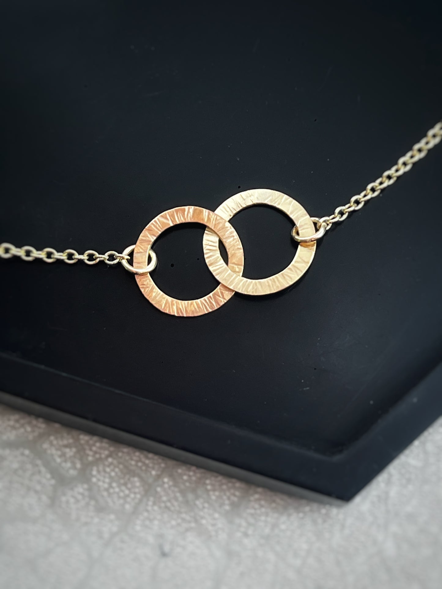 Solid 9ct gold large double interlocking circle hoop chunky chain, a handmade hammered textured necklace