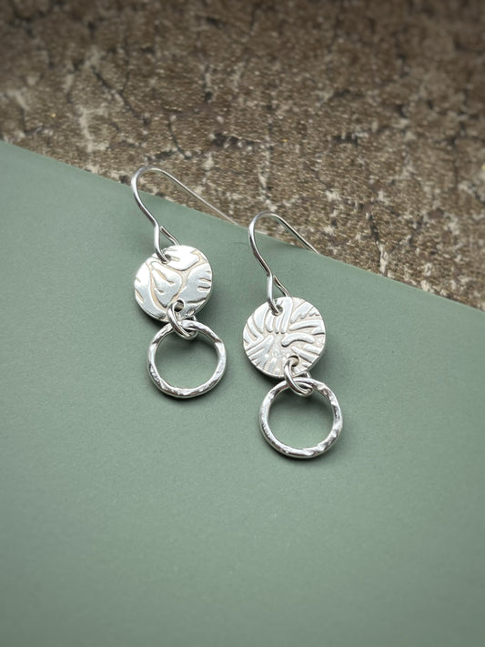 Floral 10mm disc & 10mm hoop sterling silver drop earrings