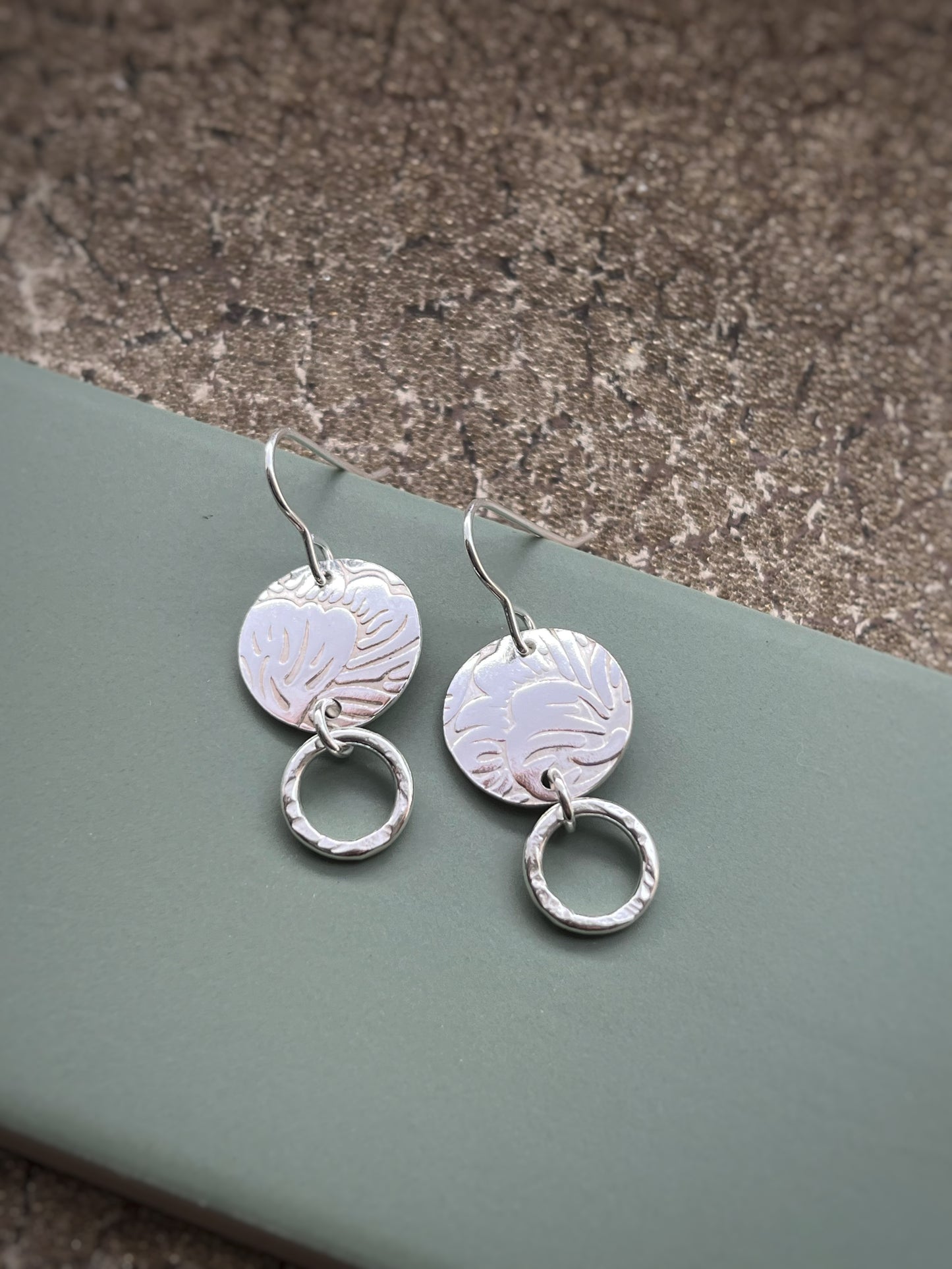 Floral 15mm disc & 10mm hoop sterling silver drop earrings