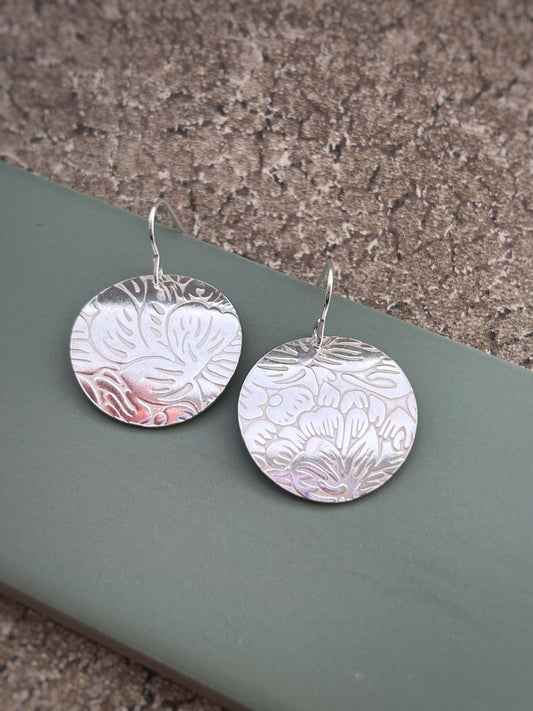 Floral large round sterling silver 25mm drop earrings