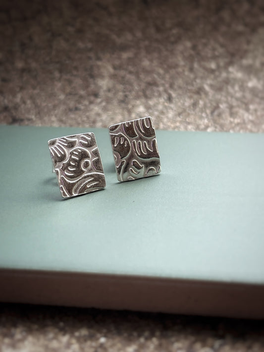 Floral large rectangular sterling silver 12mm x 10mm stud earrings