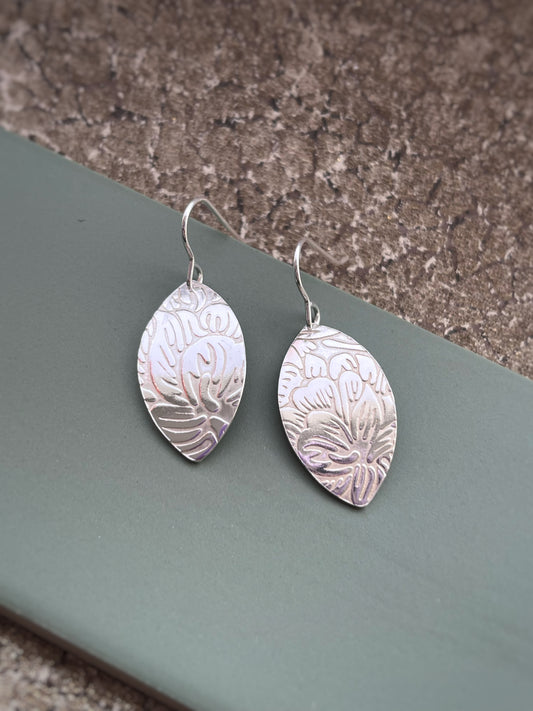 Floral leaf shape sterling silver 26mm x 15mm drop earrings