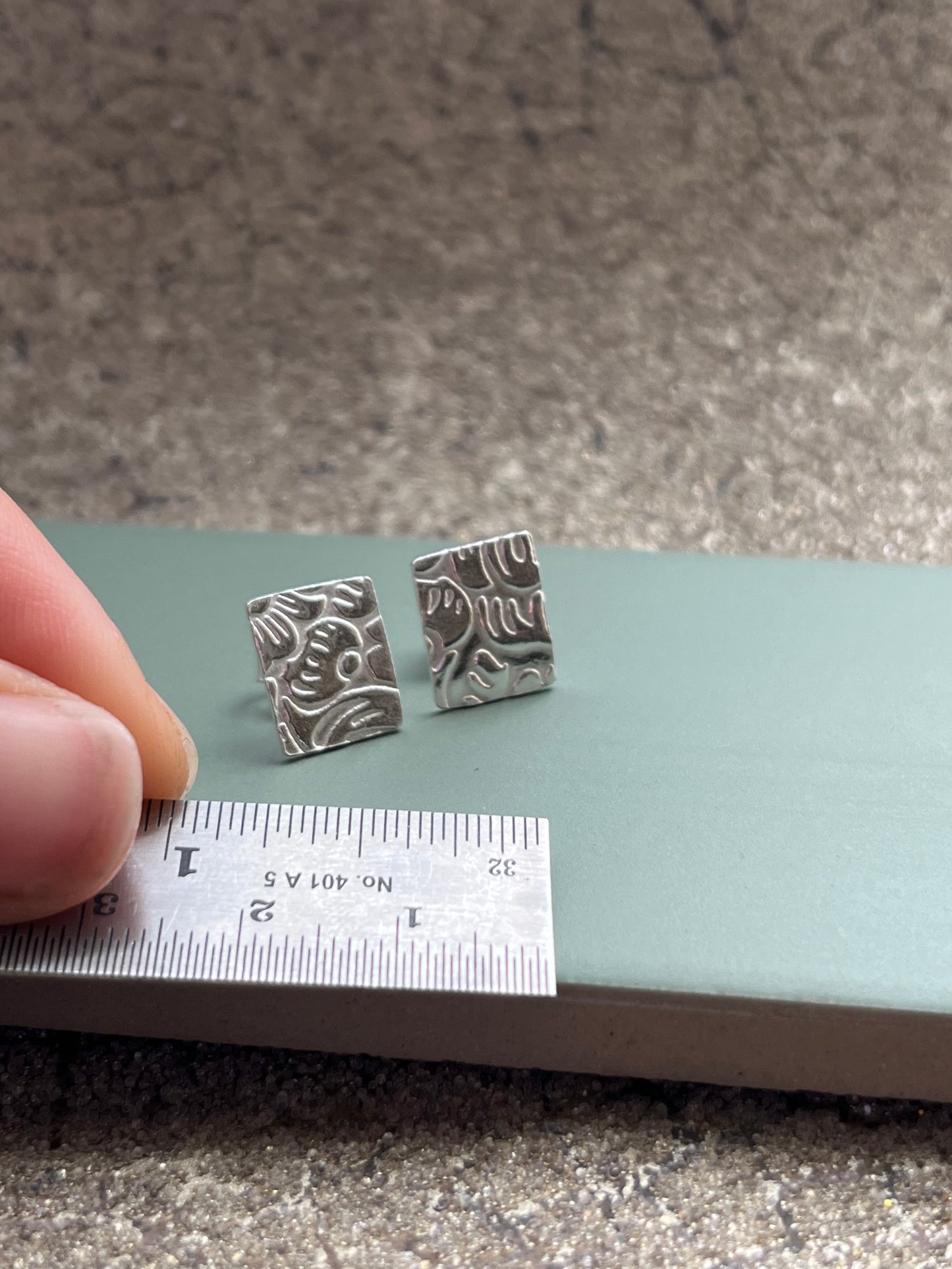 Floral large rectangular sterling silver 12mm x 10mm stud earrings