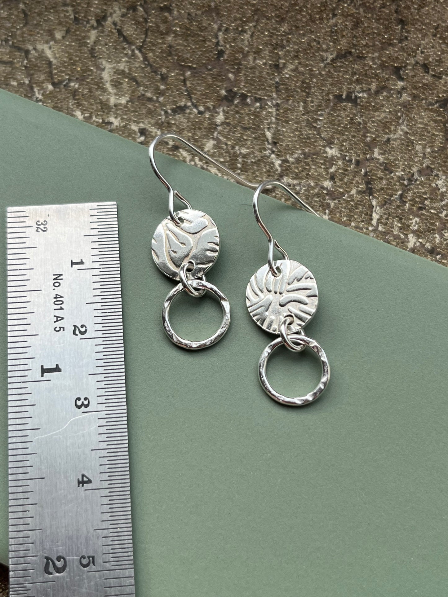 Floral 10mm disc & 10mm hoop sterling silver drop earrings