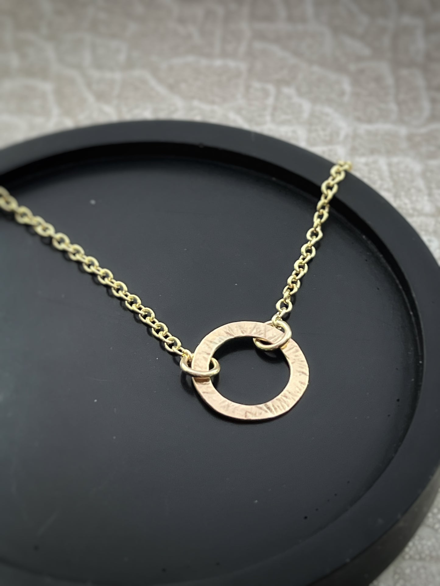 Solid 9ct gold large single circle hoop pendant & solid chunky chain, a handmade hammered textured necklace