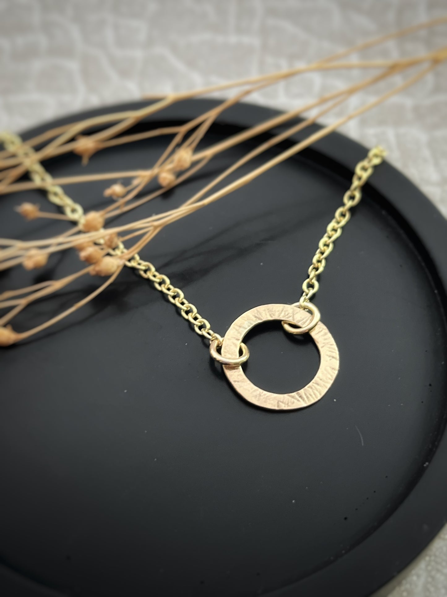 Solid 9ct gold large single circle hoop pendant & solid chunky chain, a handmade hammered textured necklace