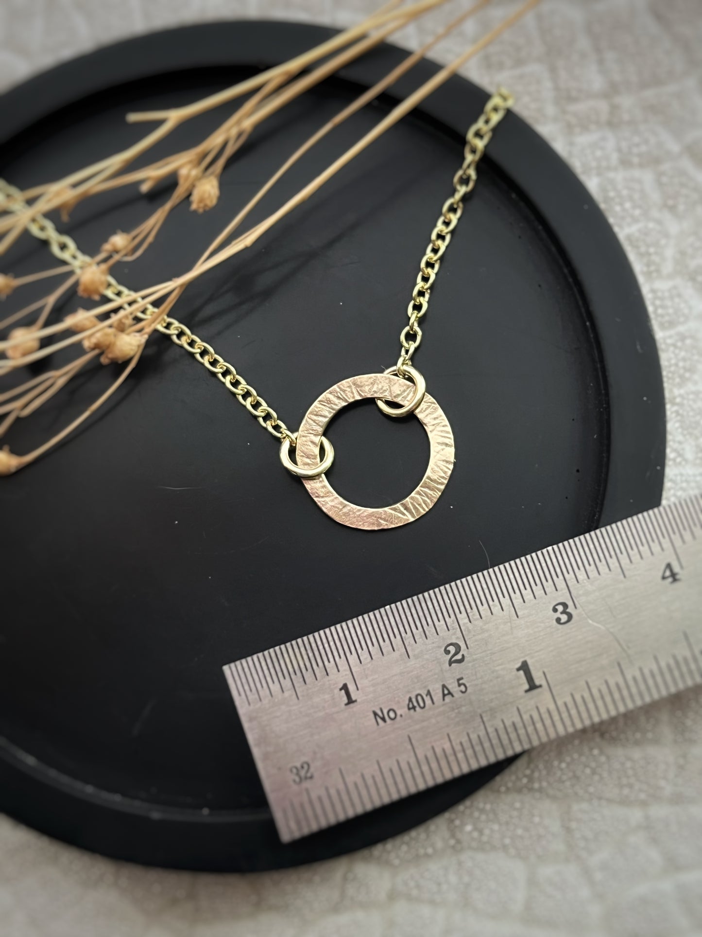 Solid 9ct gold large single circle hoop pendant & solid chunky chain, a handmade hammered textured necklace