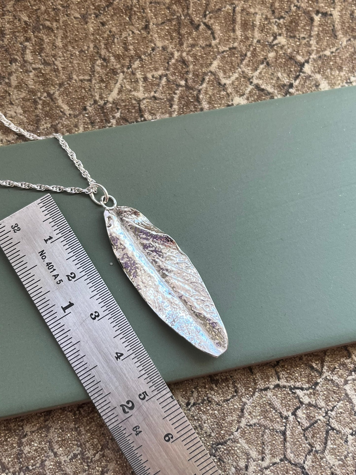 Fine silver sage leaf pendant