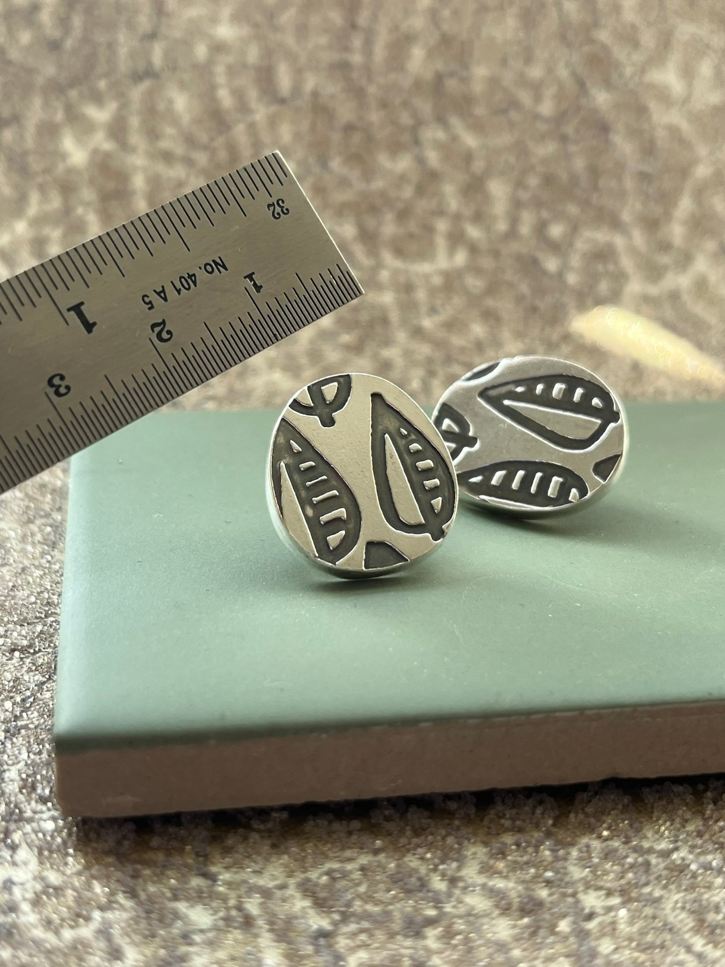 Leaf etched pattern sterling silver studs