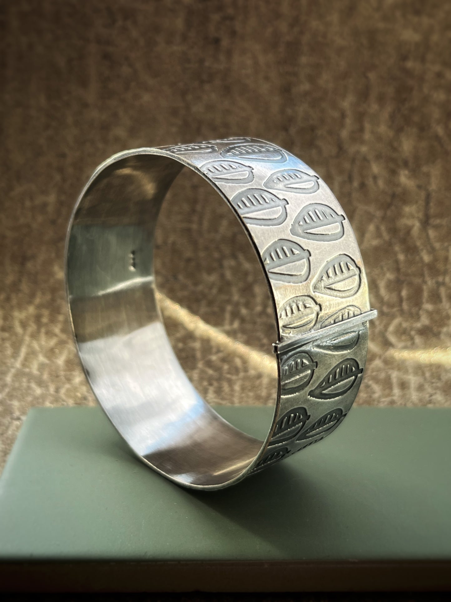 Sterling silver etched leaf pattern wide bangle