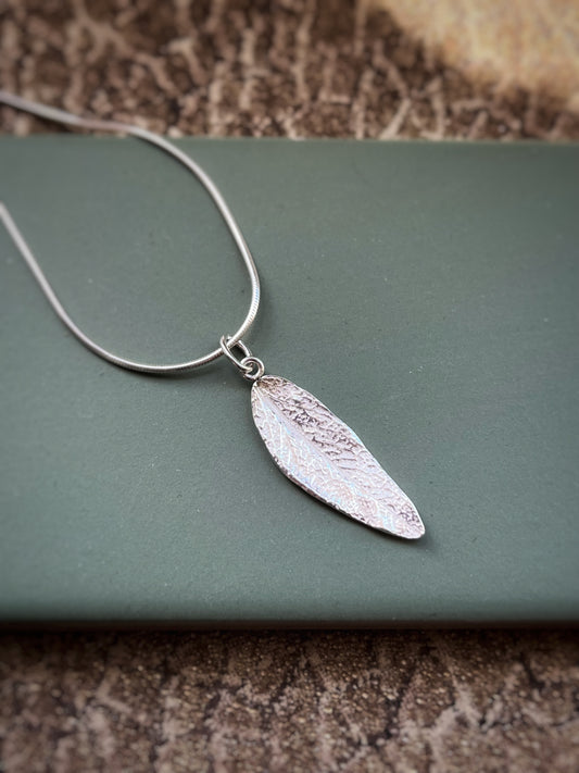 Fine silver small sage leaf pendant