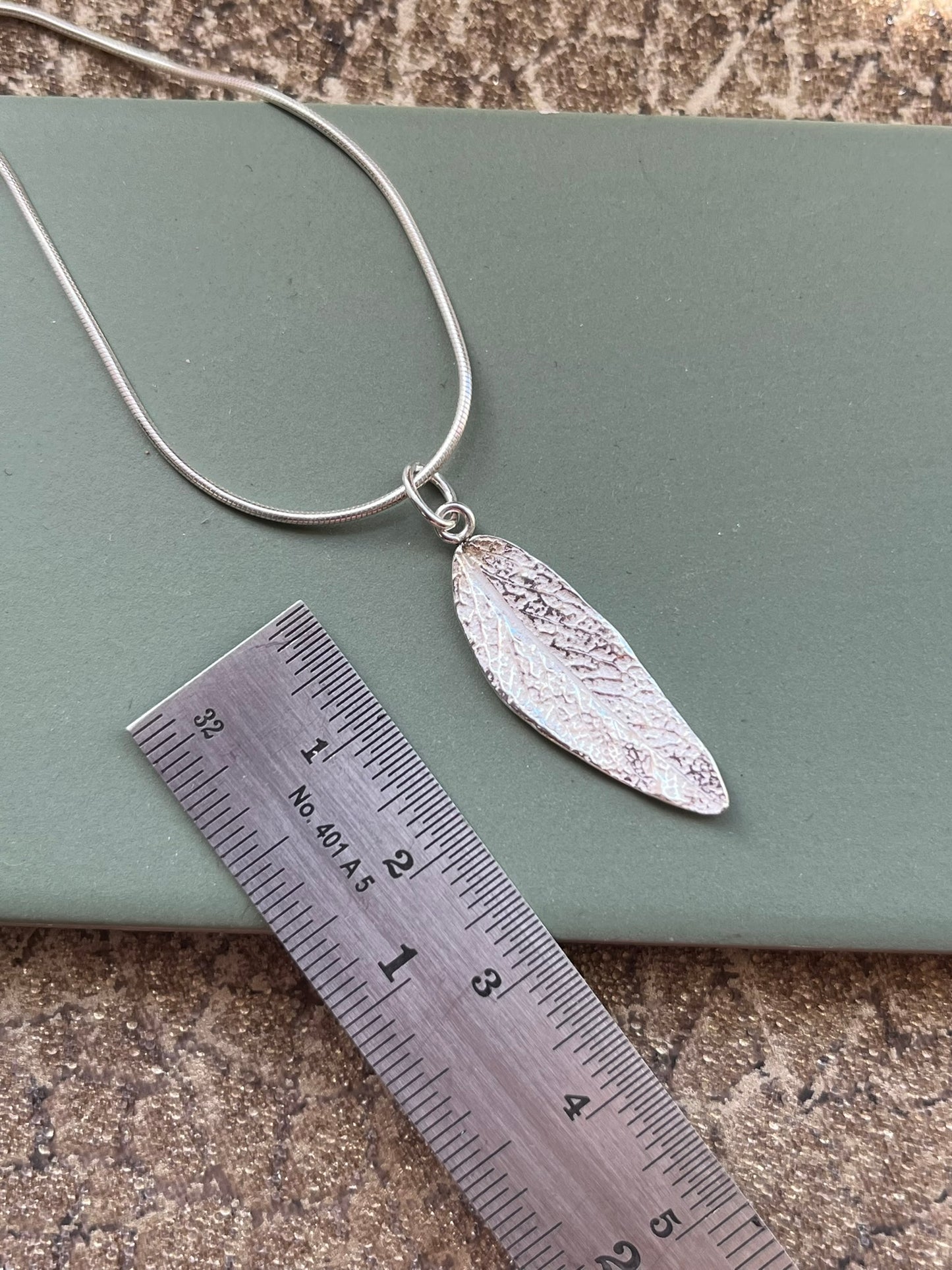 Fine silver small sage leaf pendant