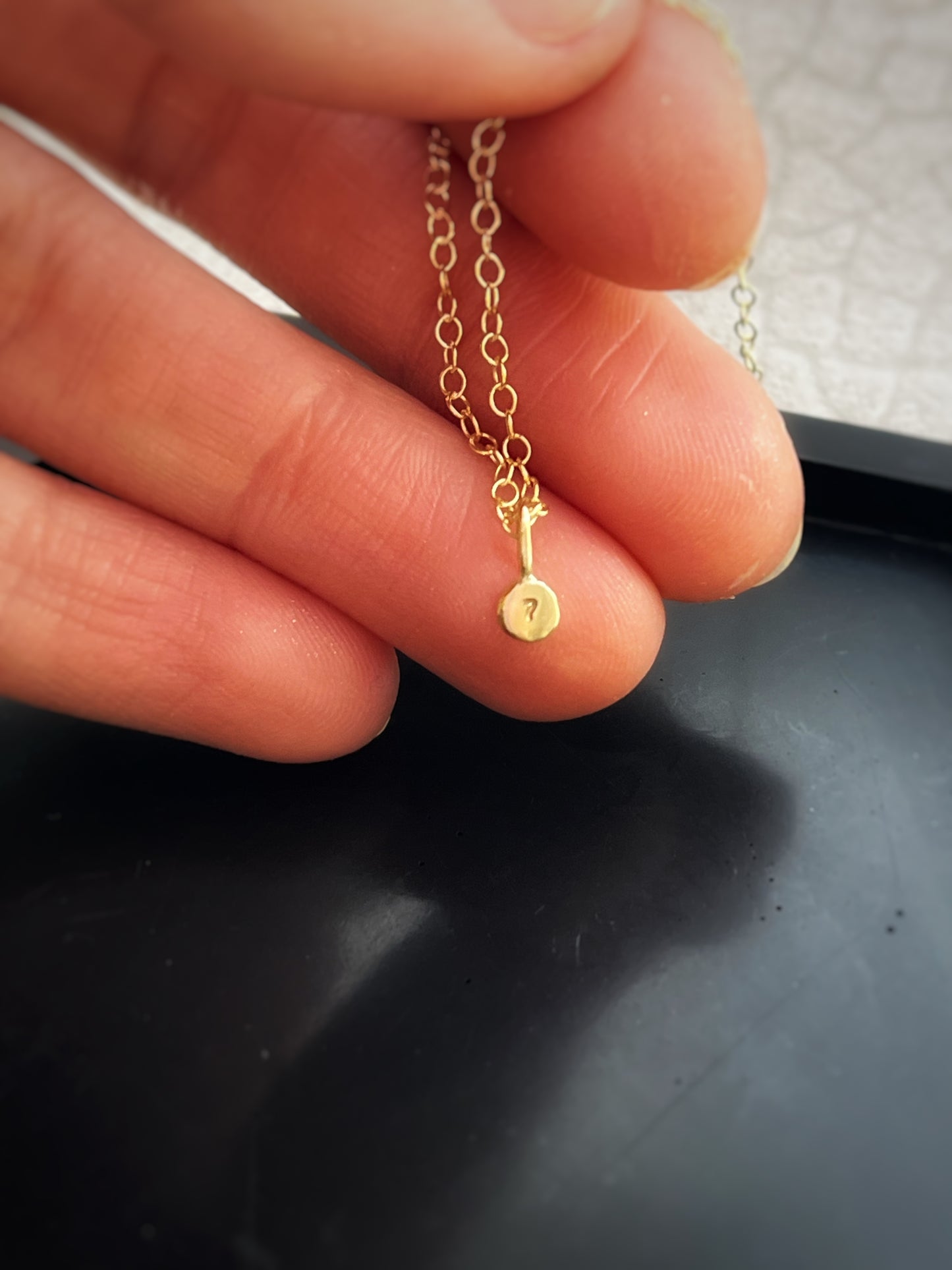 Solid 9ct gold tiny number pebble pendant, recycled personalised initial stacking handmade necklace