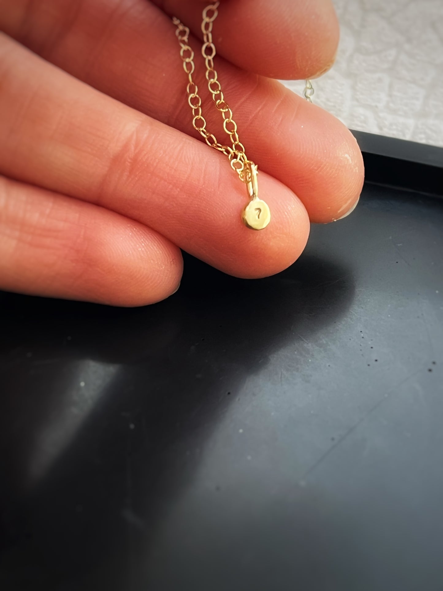 Solid 9ct gold tiny number pebble pendant, recycled personalised initial stacking handmade necklace