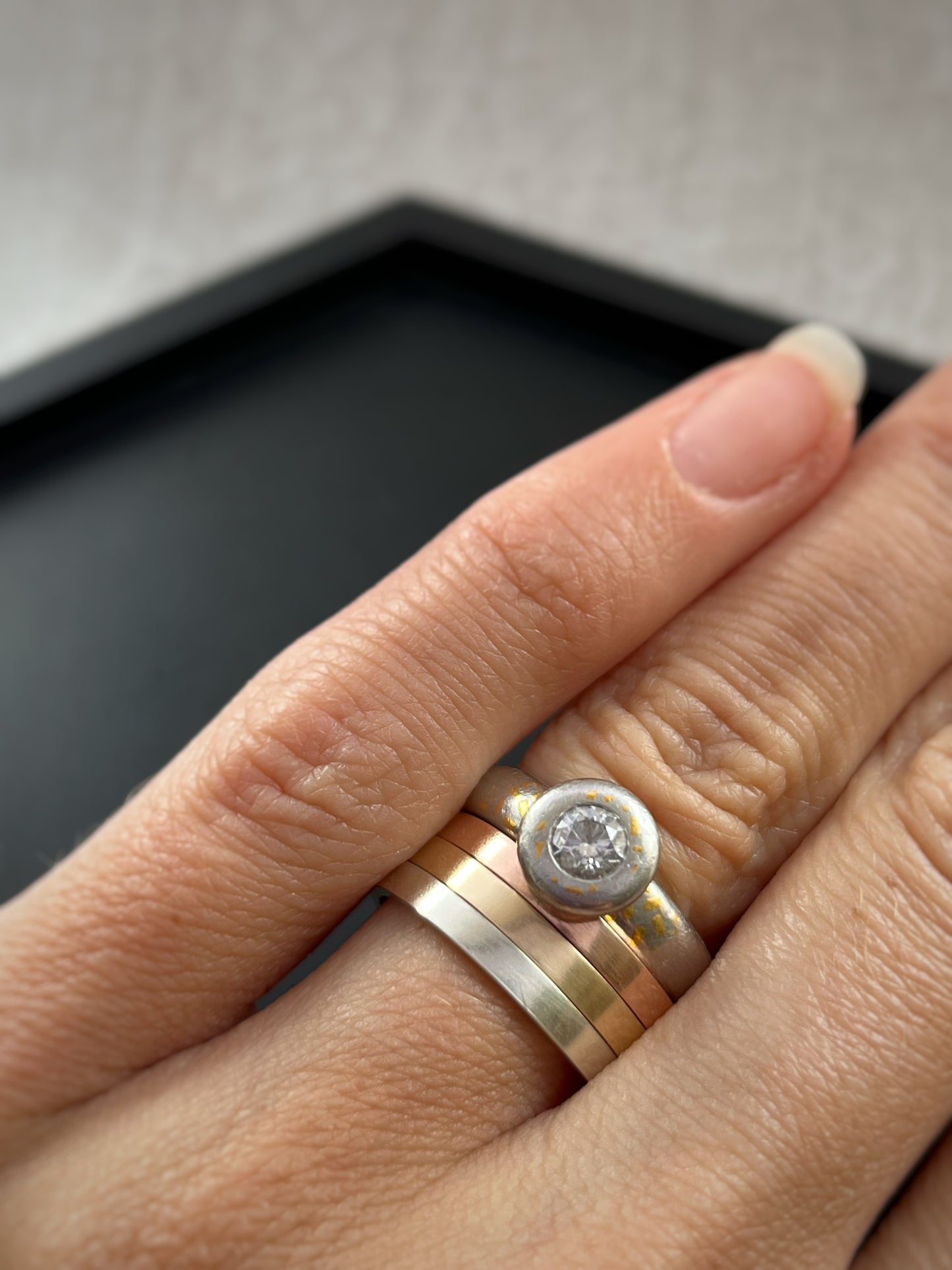 Solid gold trio 18ct Yellow, White & Rose gold simple plain modern set of rings, 3 handmade delicate 2mm flat bands