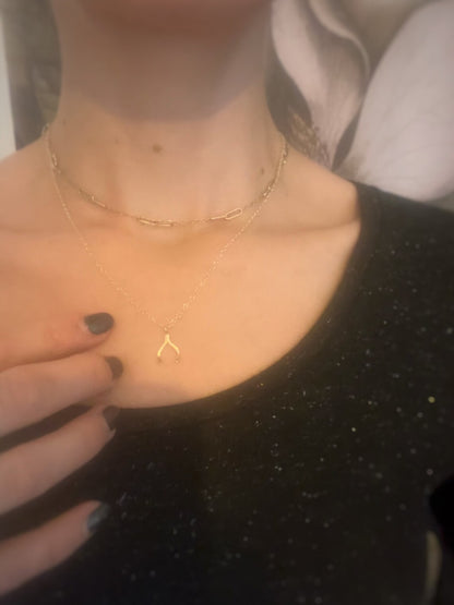 Solid 9ct gold lucky wishbone pendant, a handmade hammered and textured necklace