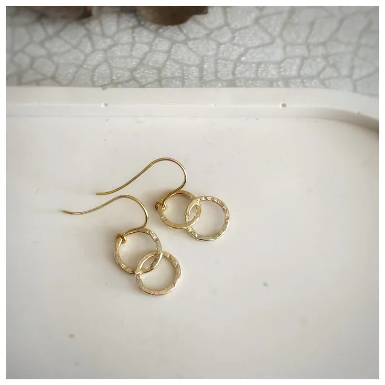 Simple stunning solid 9ct gold two hoop, drop dangly earrings-10mm