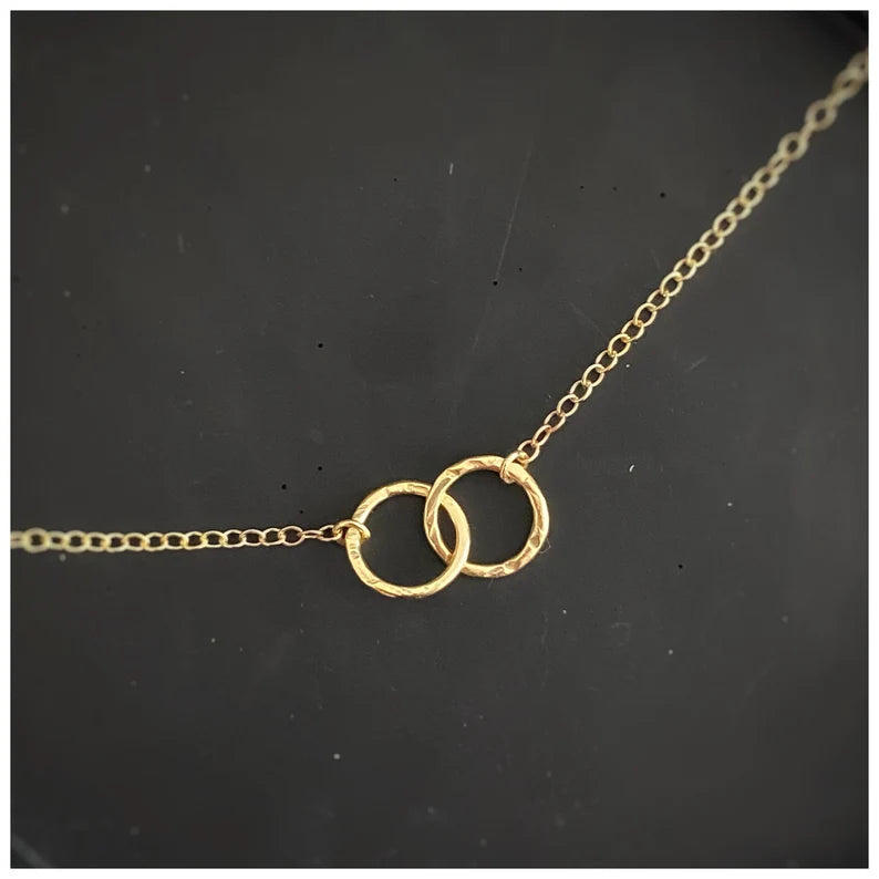 Solid 9ct gold , handmade hammered textured interlocking circle necklace