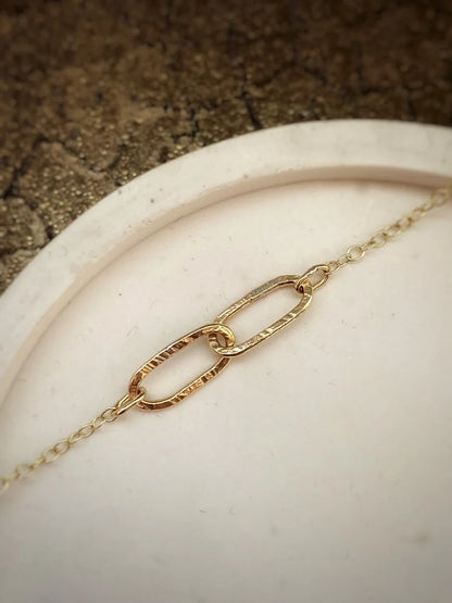 Solid 9ct gold hammered yellow gold oval hoop bracelet- 7.5 Inches long