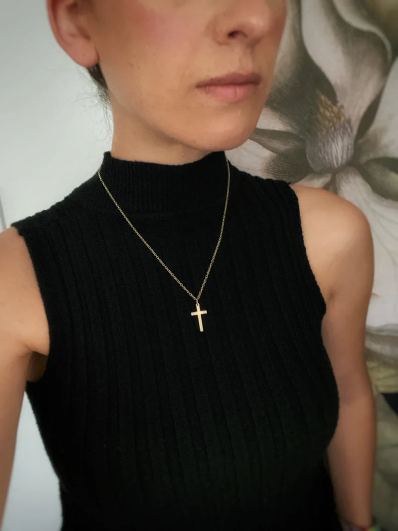 Solid 9ct gold hammered simple heavy cross pendant, handmade textured necklace