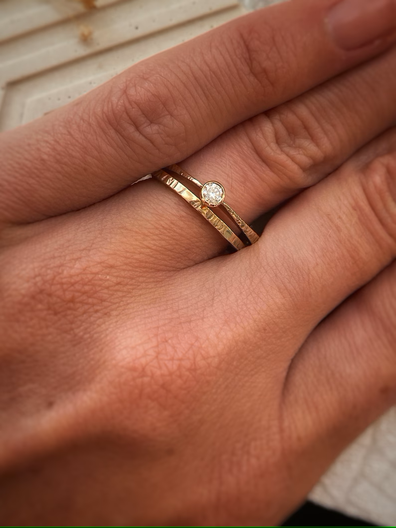 Solid gold and diamond handmade modern unique engagement ring, hammered bark texture individual bespoke recycled gold & lab grown diamond